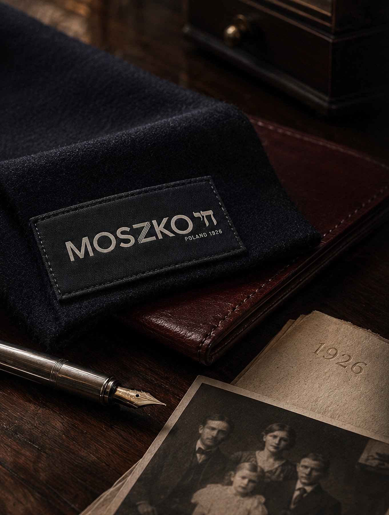 Accesorios MOSZKO dispuestos sobre una mesa de madera
