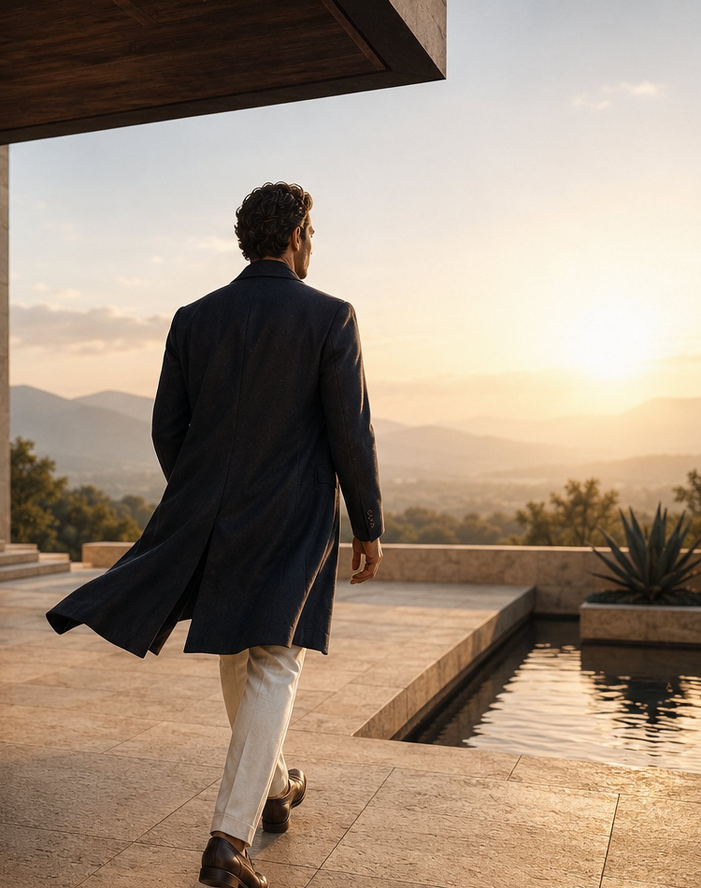 Hombre avanzando hacia un paisaje iluminado por el atardecer
